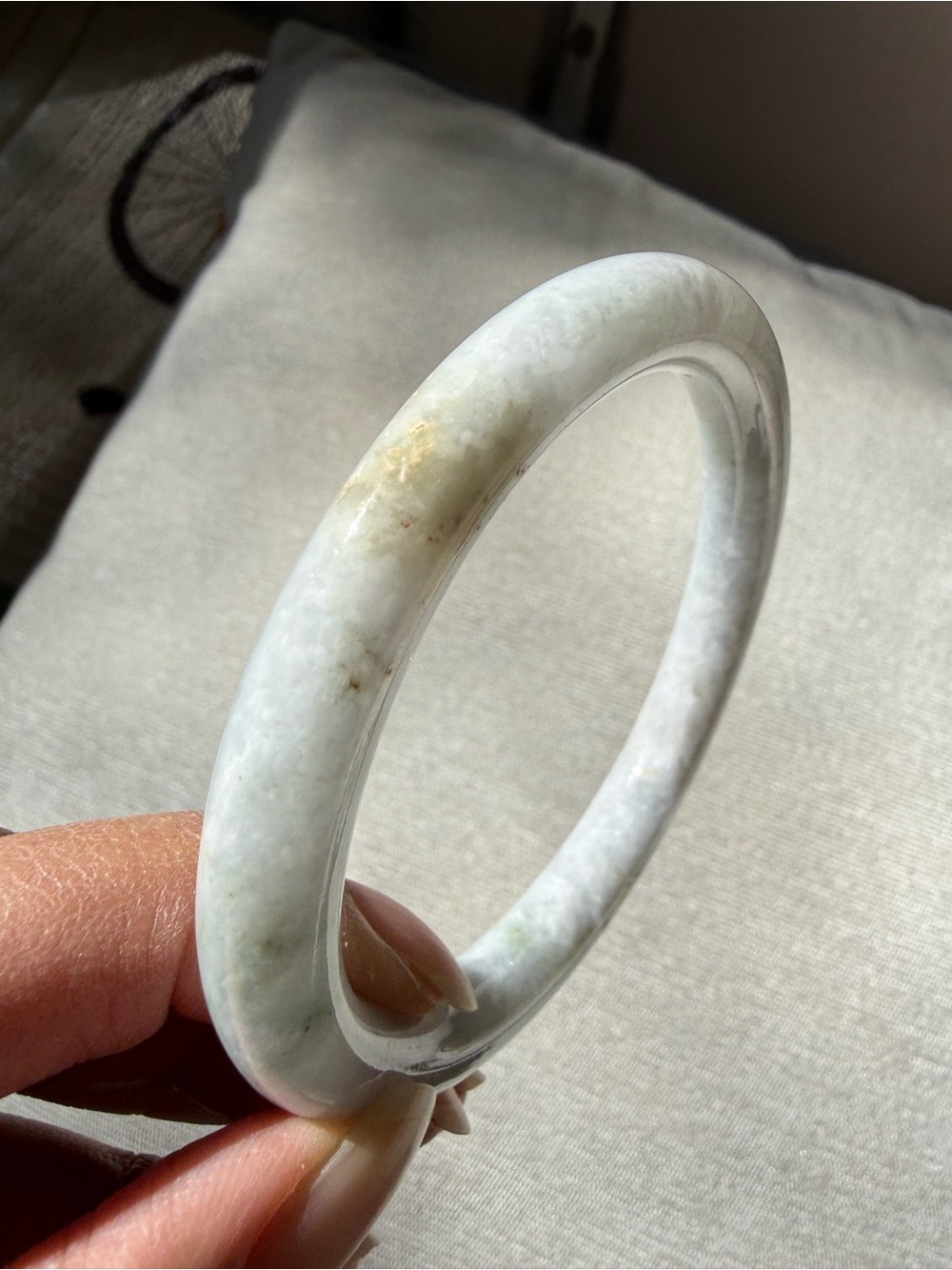 58.4 White Green Burmese Jadeite Jade - Natural Grade A Bangle Bracelet - Picture 12 of 14